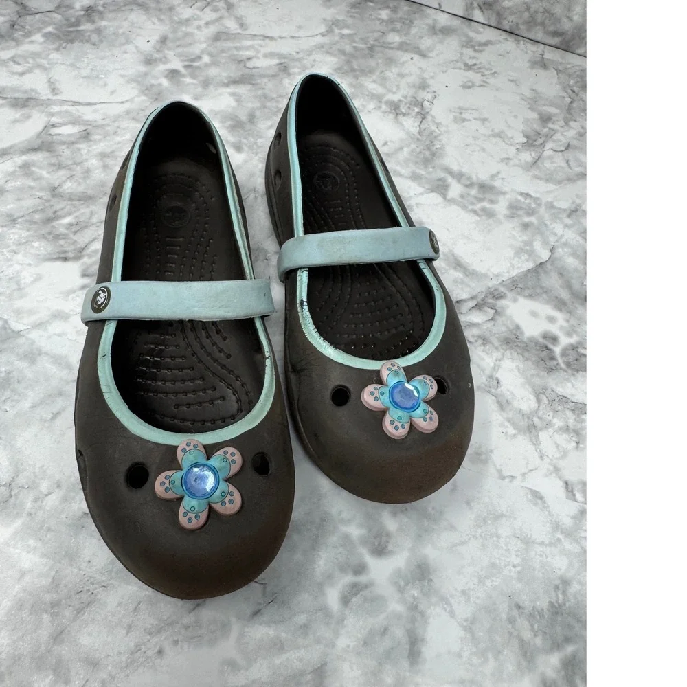 Crocs Mary Jane 💙Brown Blue‎ Flower Jibbitz Girls Youth Size 12 Clog Shoes